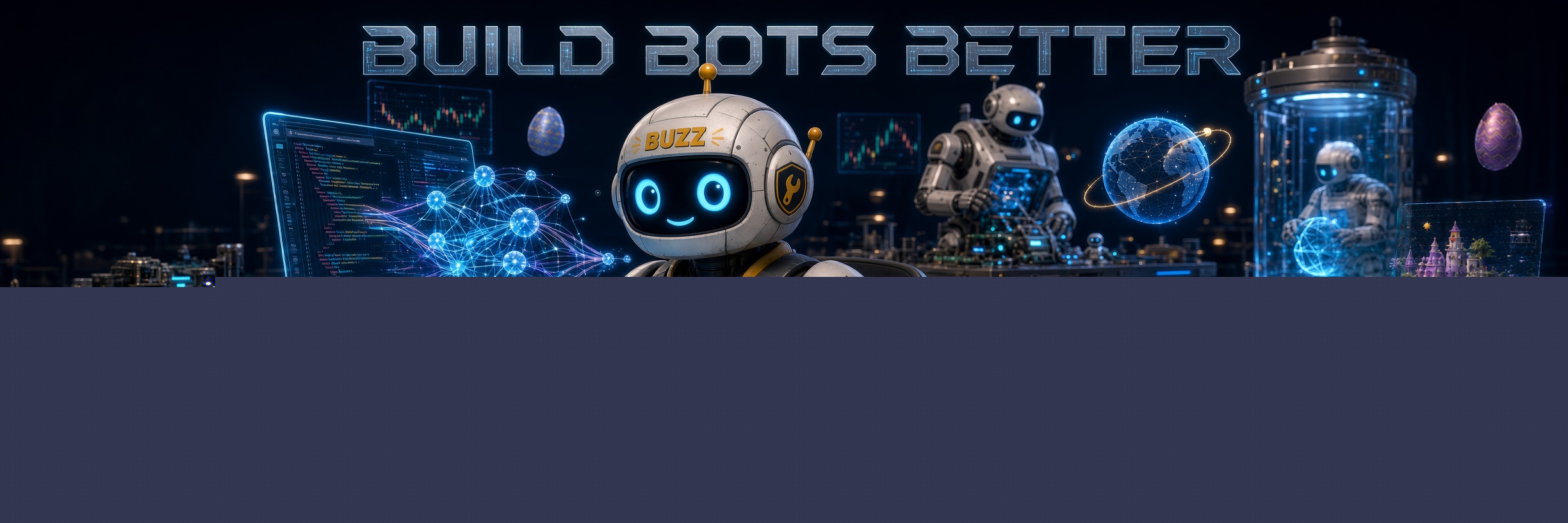 Buzz the BuildBotsBetter robot at a holographic workstation in a futuristic workshop
